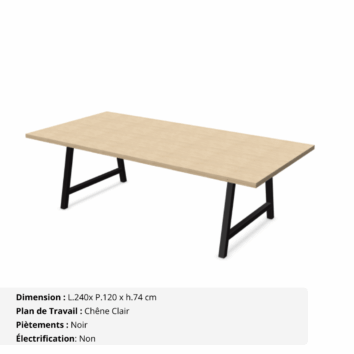Table de réunion jusqu'à 12 personnes P.120 cm L.240 cm - Gamme Harmonie - sans électrification - Chêne clair et Noir (3)