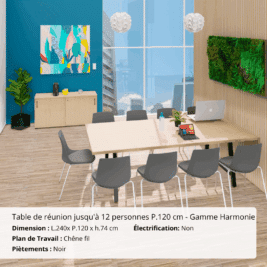 Table de réunion jusqu'à 12 personnes P.120 cm L.240 cm - Gamme Harmonie sans électrification - Chêne clair et Noir - Ambiance
