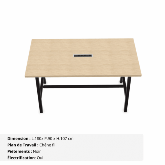 Table haute de réunion de 8 personnes - Gamme Harmonie avec électrification - Chêne fil et Noir