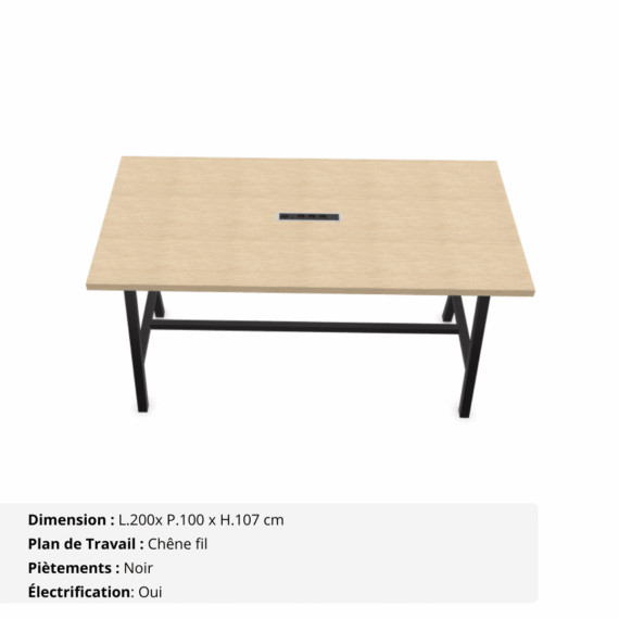 Table haute de réunion jusqu'à 10 personnes - Gamme Harmonie avec électrification - Chêne fil et Noir