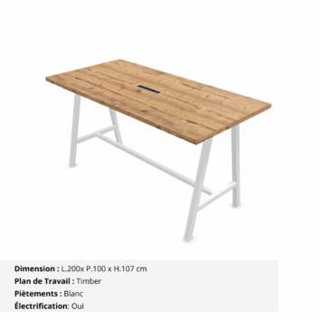 Table haute de réunion jusqu'à 10 personnes - Gamme Harmonie avec électrification - Timber et Blanc