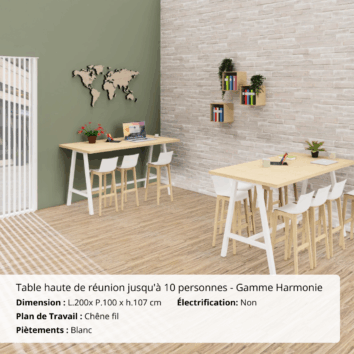 Table haute de réunion jusqu'à 10 personnes - Gamme Harmonie sans électrification - Chêne fil et Blanc - Ambiance