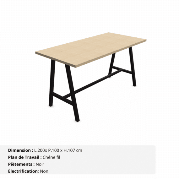 Table haute de réunion jusqu'à 10 personnes - Gamme Harmonie sans électrification - Chêne fil et Noir