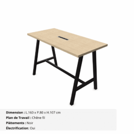 Table haute de réunion jusqu'a 8 personnes - Gamme Harmonie avec électrification - Chêne fil et Noir