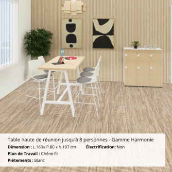 Table haute de réunion jusqu'à 8 personnes - Gamme Harmonie sans électrification - Chêne fil et Blanc Ambiance