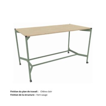 Table haute de réunion sur roulettes gamme Mobidesk chene clair et vert sauge