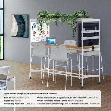 ambiance Table de coworking haute sur roulettes gamme Mobidesk chene clair et blanc