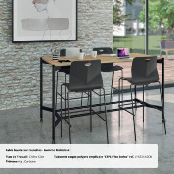 ambiance Table haute sur roulettes gamme Mobidesk chene clair et vert sauge