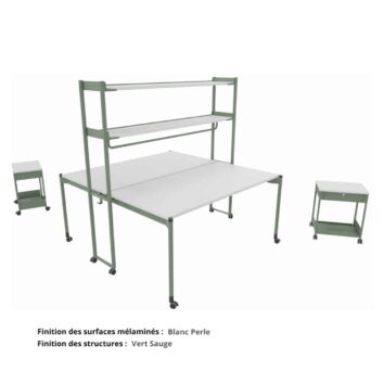 Bureau bench complet sur roulettes gamme Mobidesk blanc perle et vert sauge