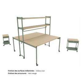 Bureau bench complet sur roulettes gamme Mobidesk chene clair et vert sauge