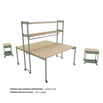 Bureau bench complet sur roulettes gamme Mobidesk chene clair et vert sauge
