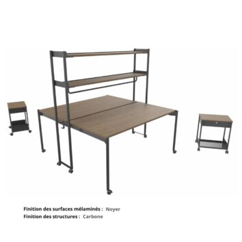 Bureau bench complet sur roulettes gamme Mobidesk noyer et carbone