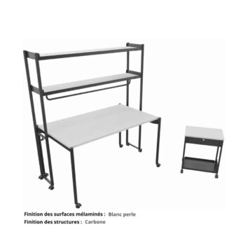 Bureau droit complet sur roulettes gamme Mobidesk blanc perle et carbone