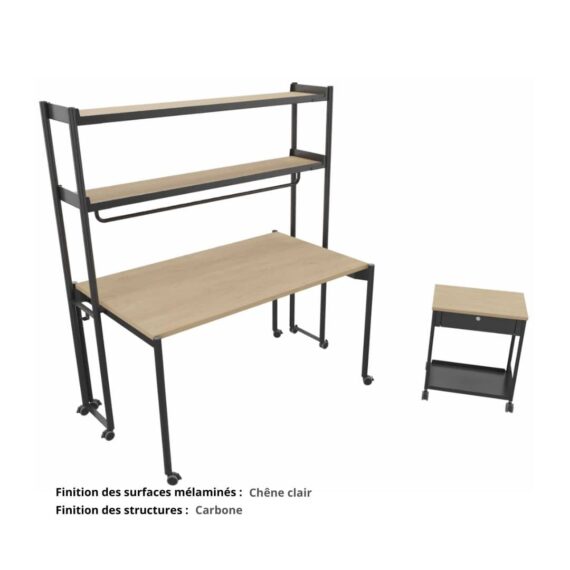Bureau droit complet sur roulettes gamme Mobidesk chene clair et carbone