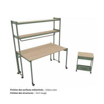Bureau droit complet sur roulettes gamme Mobidesk chene clair et vert sauge
