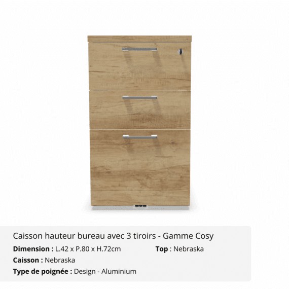 Caisson hauteur bureau avec 3 tiroirs avec top - Gamme Cosy - Nebraska
