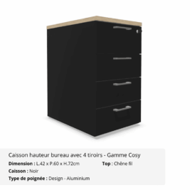 Caisson hauteur bureau avec 4 tiroirs avec top - Gamme Cosy - Noir
