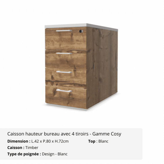 Caisson hauteur bureau avec 4 tiroirs avec top - Gamme Cosy - Timber