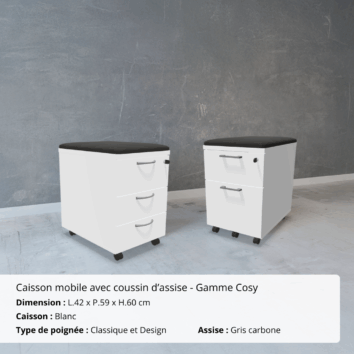 Caisson mobile avec coussin d'assise - Gamme Cosy - Ambiance blanc et gris carbone