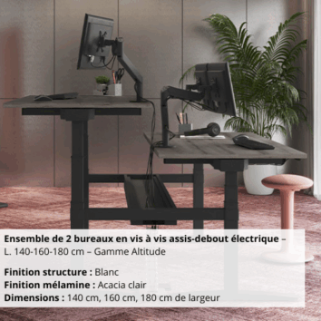 Ensemble de 2 bureaux en vis à vis assis-debout électrique – L. 140-160-180 cm – Gamme Altitude