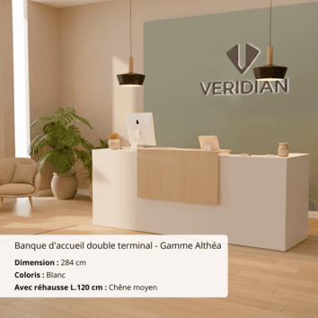 Banque d'accueil double terminal - Gamme Althéa L284 cm Finition blanc et rehausse chene moyen