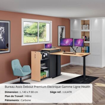 Bureau Assis Debout premium 140x80 cm Gamme Ligne Health 2 moteurs hetre carbone