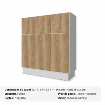 Casier 6 cases - 3 portes classiques + 3 portes vestiaires avec patères - Gamme Primo - Nebraska