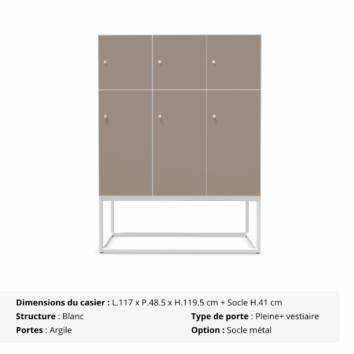 Casier 6 cases - 3 portes classiques + 3 portes vestiaires avec patères - Gamme Primo - argile