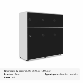 Casier 6 cases - 3 portes classiques + 3 portes vestiaires avec patères - Gamme Primo - noir