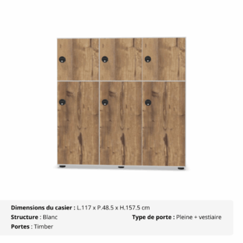 Casier 6 cases - 3 portes classiques + 3 portes vestiaires avec patères - Gamme Primo - timber