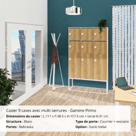 Casier 9 cases - 6 portes classiques + 3 portes vestiaires avec patères - multi serrures - Gamme Primo - Ambiance