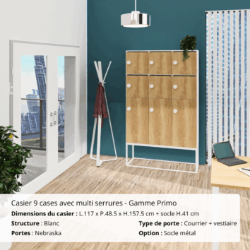 Casier 9 cases - 6 portes classiques + 3 portes vestiaires avec patères - multi serrures - Gamme Primo - Ambiance