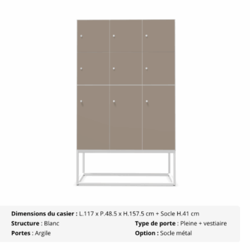 Casier 9 cases - 6 portes classiques + 3 portes vestiaires avec patères - multi serrures - Gamme Primo - argile