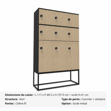 Casier 9 cases - 6 portes classiques + 3 portes vestiaires avec patères - multi serrures - Gamme Primo - chêne fil