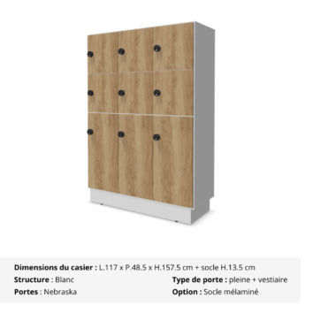 Casier 9 cases - 6 portes classiques + 3 portes vestiaires avec patères - multi serrures - Gamme Primo - nebraska