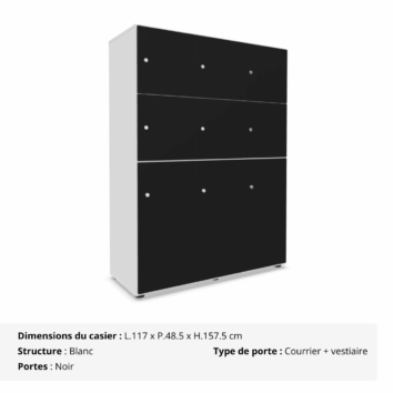 Casier 9 cases - 6 portes classiques + 3 portes vestiaires avec patères - multi serrures - Gamme Primo - noir