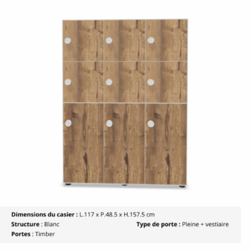 Casier 9 cases - 6 portes classiques + 3 portes vestiaires avec patères - multi serrures - Gamme Primo - timber