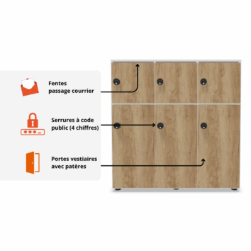 Explication portes passage courrier + serrures à code public - casier 6 cases avec PV+PC - gamme Primo