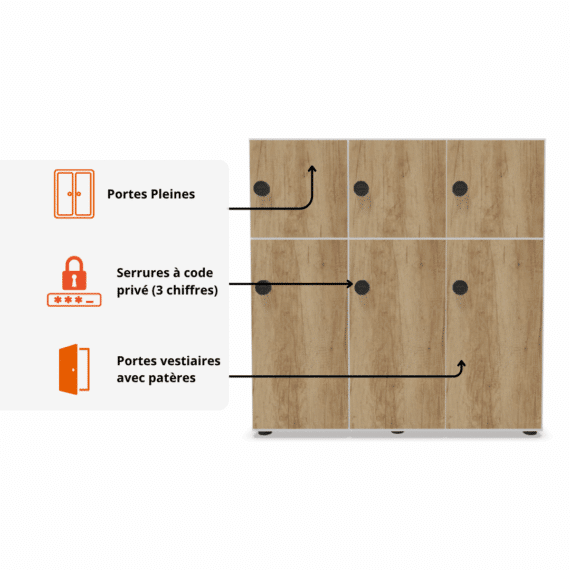 Explication portes pleines + serrures à code privé - casier 6 cases avec portes vestiaires - gamme Primo