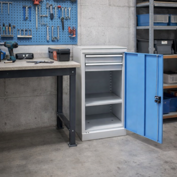 Armoire basse métallique avec étagère et tiroirs pour atelier professionnel