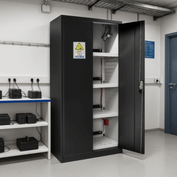 Armoire ECO pour le stockage et la recharge de Batterie Lithium-ion - Noire - équipement complet - Trionyx