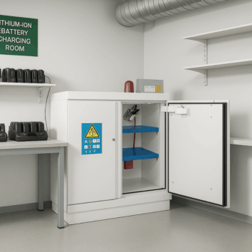 Armoire de sécurité Basse PREMIUM pour le stockage de BATTERIE LITHIUM 90 MIN équipement complet- Avec extincteur - Trionyx