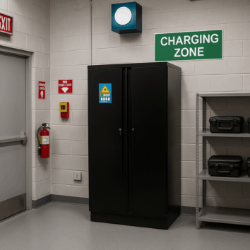 Armoire de sécurité Haute PREMIUM pour le stockage de BATTERIE LITHIUM 90 MIN - Noire - équipement complet - Avec extincteur - Trionyx