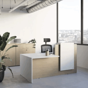 Banque d'accueil avec accès PMR - Gamme Horizon - bicolore - chêne fil et blanc - ambiance 2