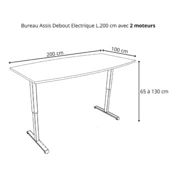 Bureau assis debout L200 2m gamme ligne health dimensions cm