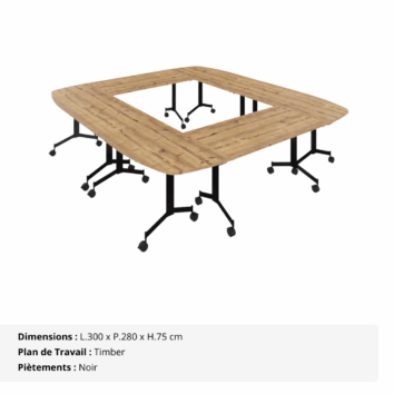 Table de réunion carrée - 10_12 personnes – composée de 6 tables abattantes - Gamme Alba - Timber