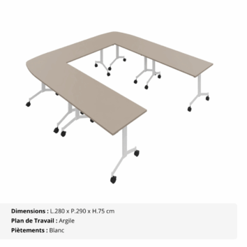 Table de réunion en U – 8_10 personnes – composée de 5 tables abattantes - Gamme Alba - Argile