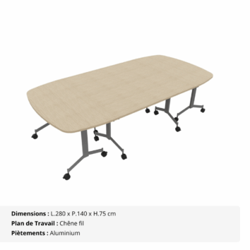 Table de réunion ovale – 8_10 personnes – composée de 4 tables abattantes - Gamme Alba - Chêne fil