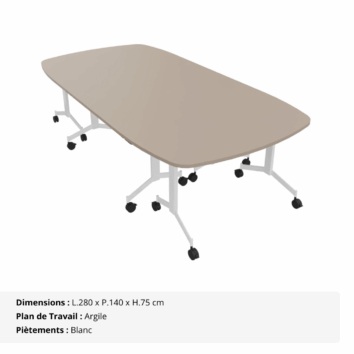 Table de réunion ovale – 8_10 personnes – composée de 4 tables abattantes - Gamme Alba - argile