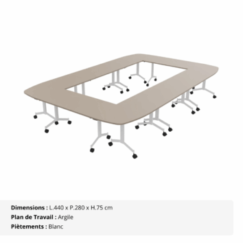 Table de réunion rectangle – 14_16 personnes – composée de 8 tables abattantes - Gamme Alba - Argile